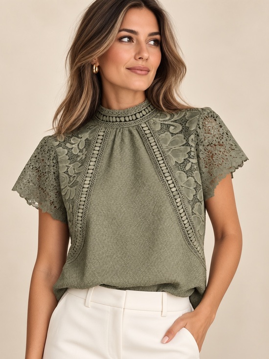 Cable & Gauge Tops - Cable & Gauge Olive Lace Flutter Sleeve Mock Neck Women Blouse ✨